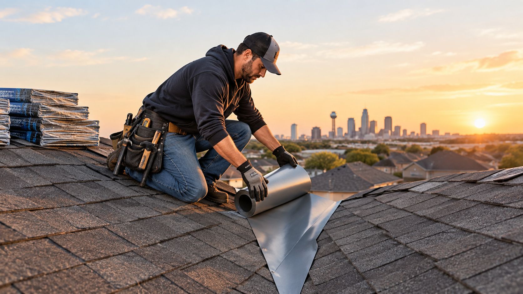 A professional roofer installs metal flashing in a roof valley against a scenic city skyline at sunset.