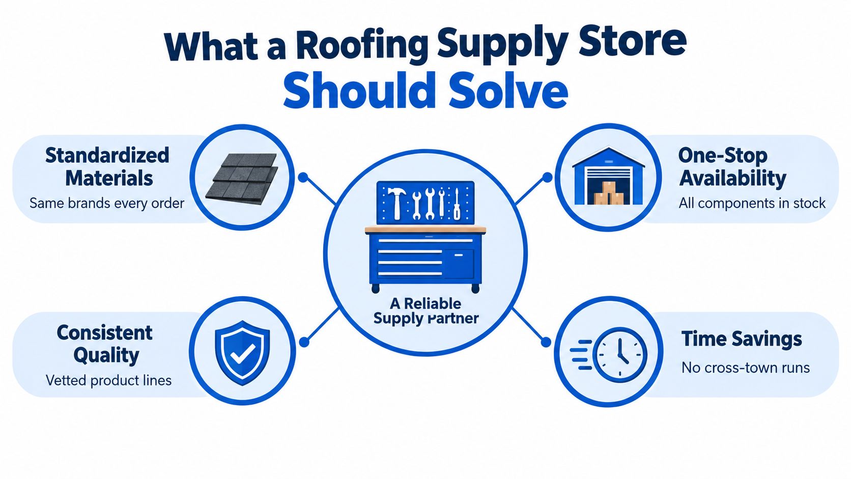 A graphic showing how a reliable roofing supply partner solves material, availability, quality, and time challenges.