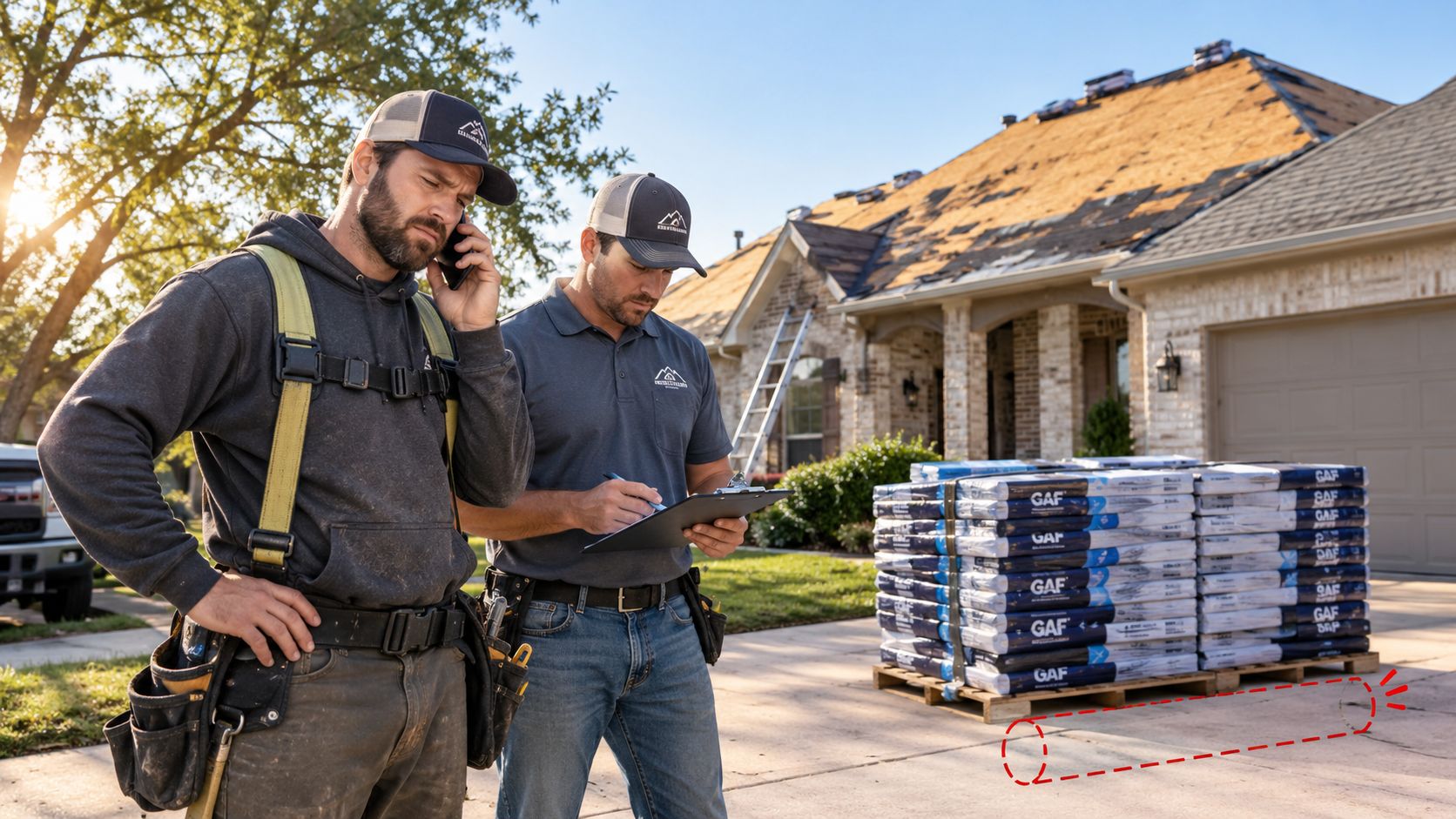 Two professional roofers in branded workwear discussing a project in front of a house with roofing supplies.