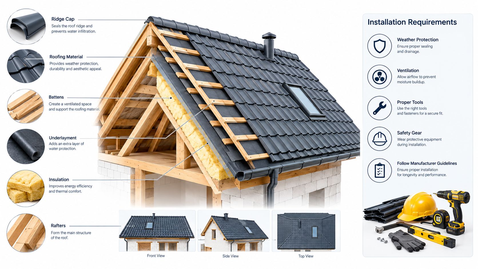 A 3D educational diagram showing the internal components and installation layers of a residential slate roof structure.