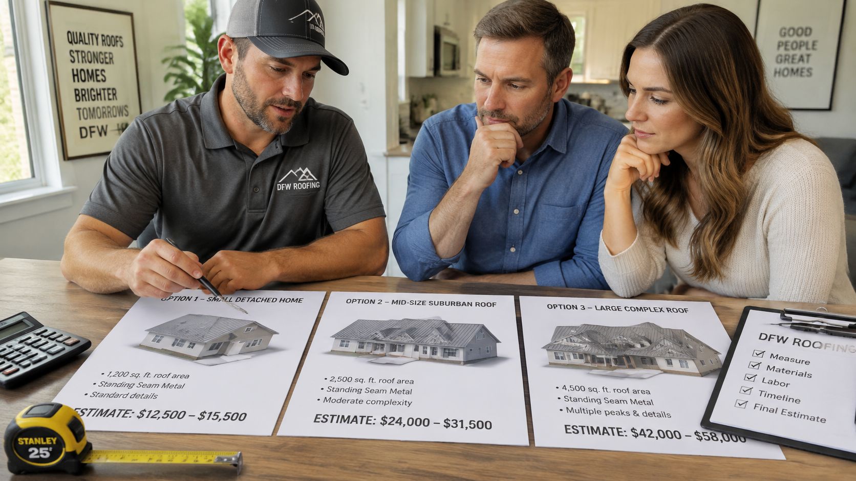 A professional roofing contractor presenting three roofing estimate options on paper to a couple at a desk.