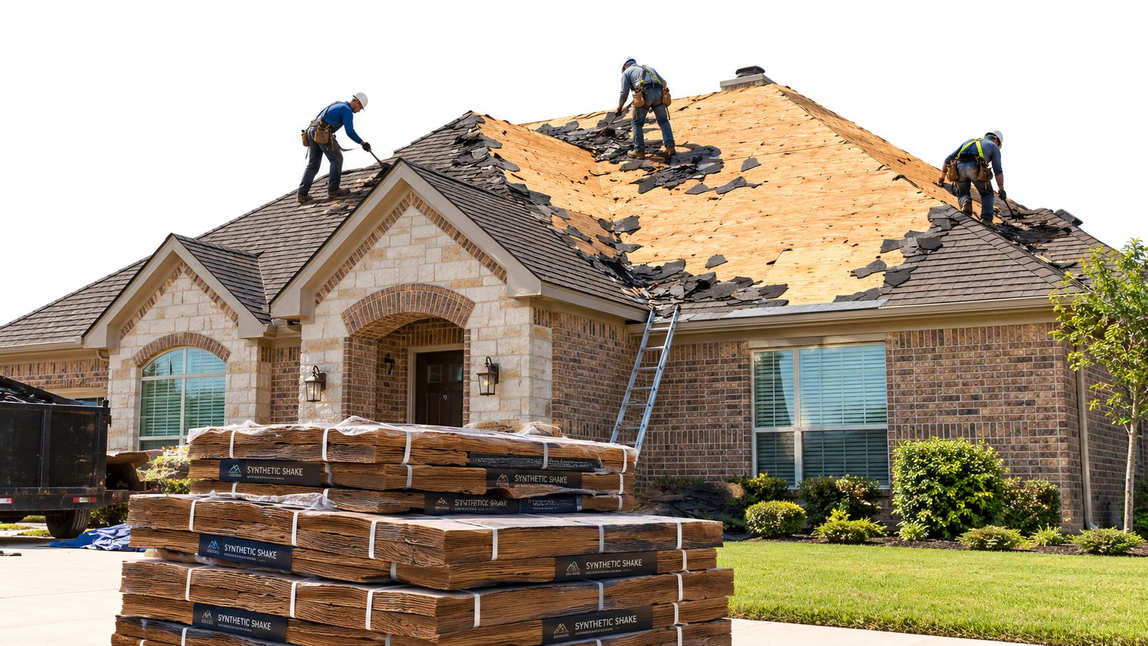 A professional construction crew removing old asphalt shingles from a residential roof while replacing it with synthetic shake.