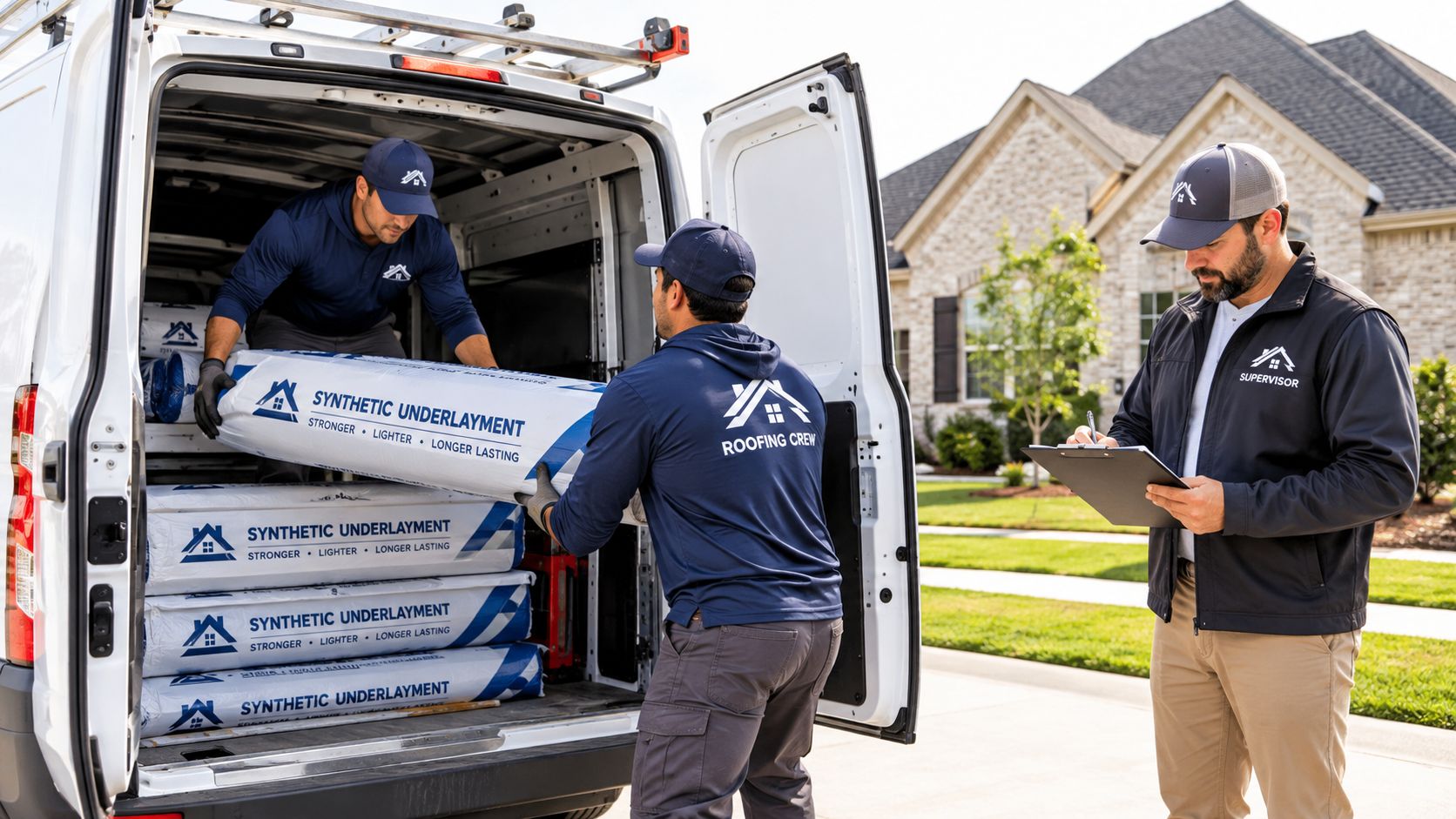 Roofing crew members unloading rolls of synthetic underlayment from a white van for a home project.